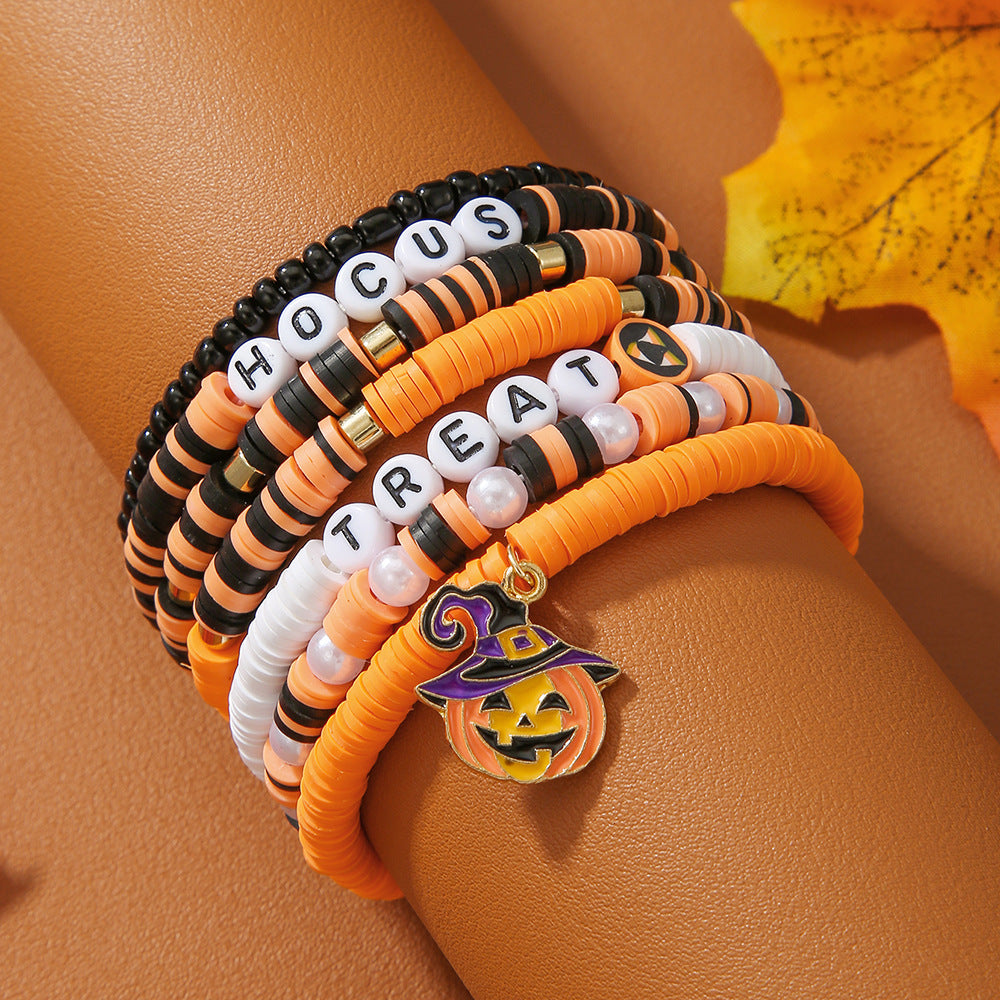 Wholesale Alloy Electroplated  Beaded Bracelet Set with Pumpkin Skull Charms,  Fashion Gift for Women Boutique Resale