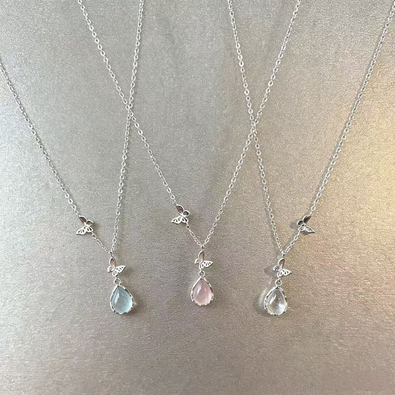Wholesale Pink Water Drop Butterfly Necklace Alloy Glass Pendant Fashion Jewelry Accessory Gift