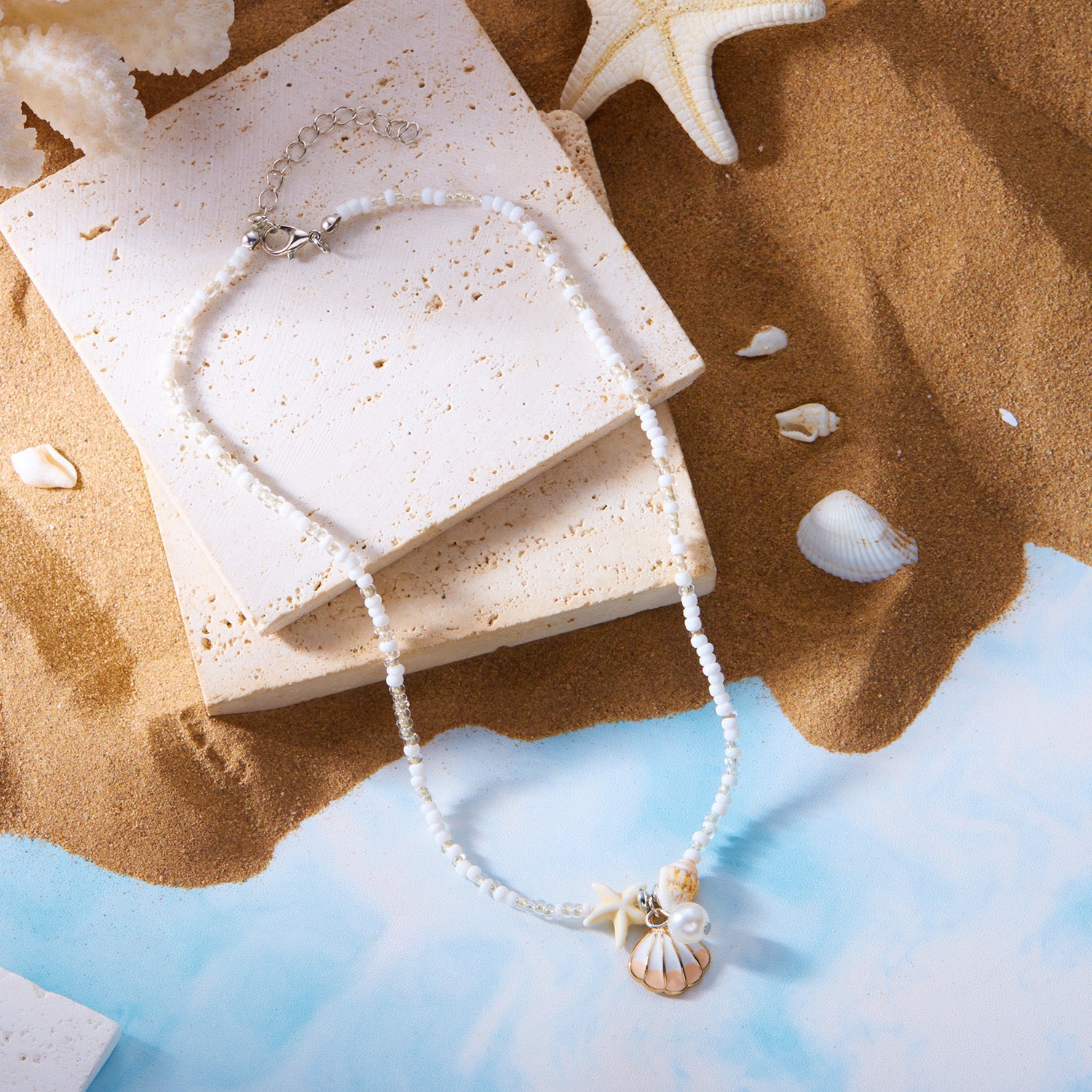 Wholesale  Summer Small Fresh Shell Starfish Conch Rice Bead Necklace