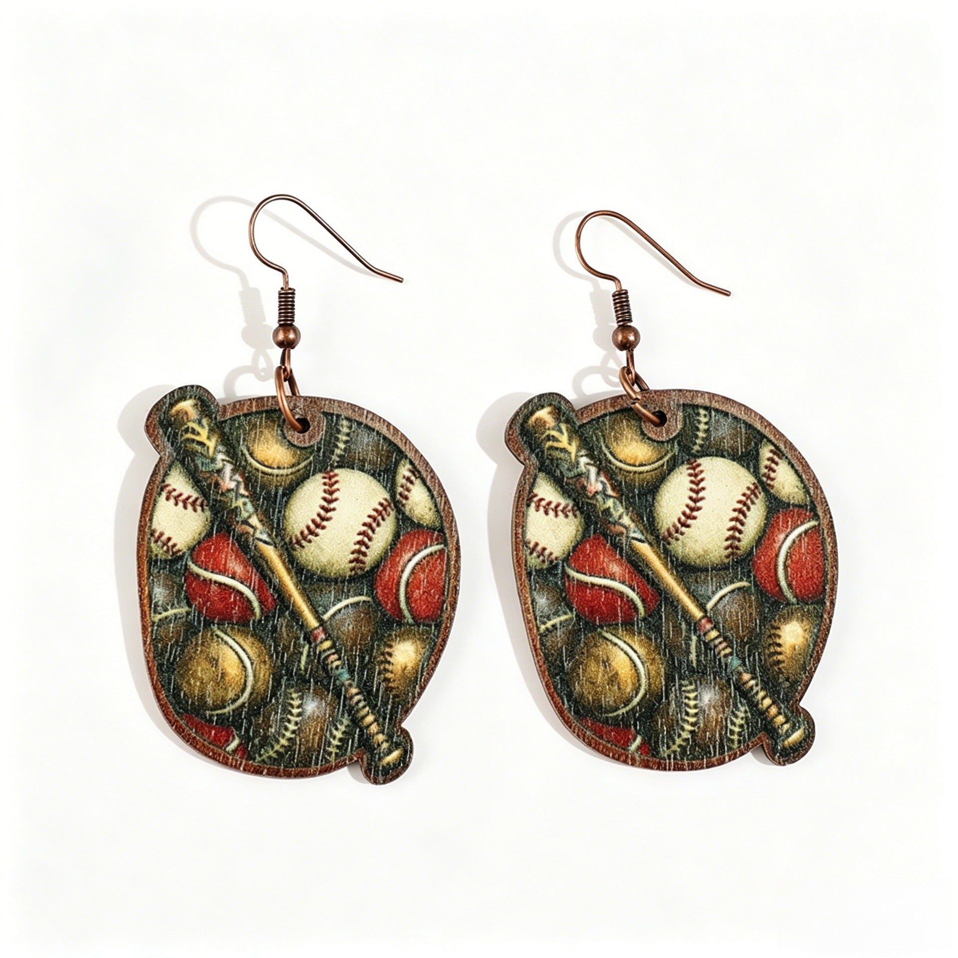 Wholesale Wooden Baseball Print Earrings Sports-Themed Fashion Accessory for Women