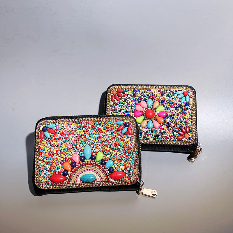 Wholesale Ethnic Retro Accordion Card Holder Handmade Rice Bead Bag Wallet ACC-WT-Mengs002
