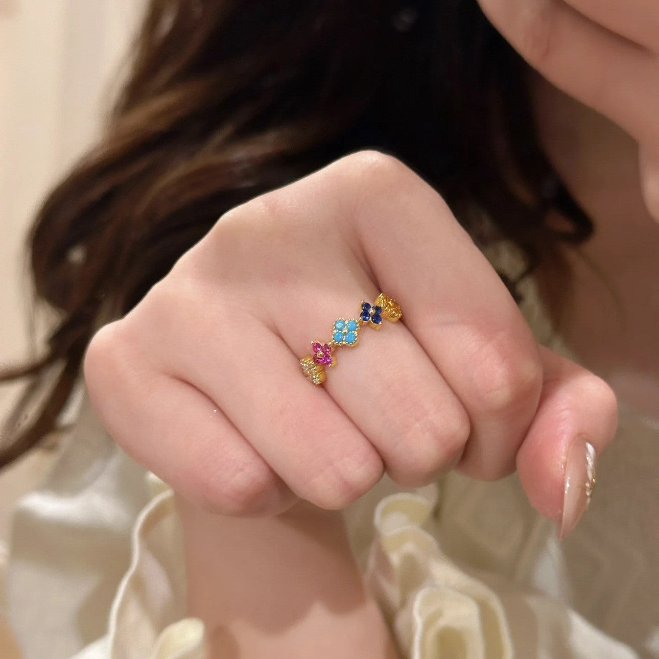 Wholesale Copper Monet Garden Rainbow Ring with Zircon Inlay,  Fashion Accessory for Everyday Wear