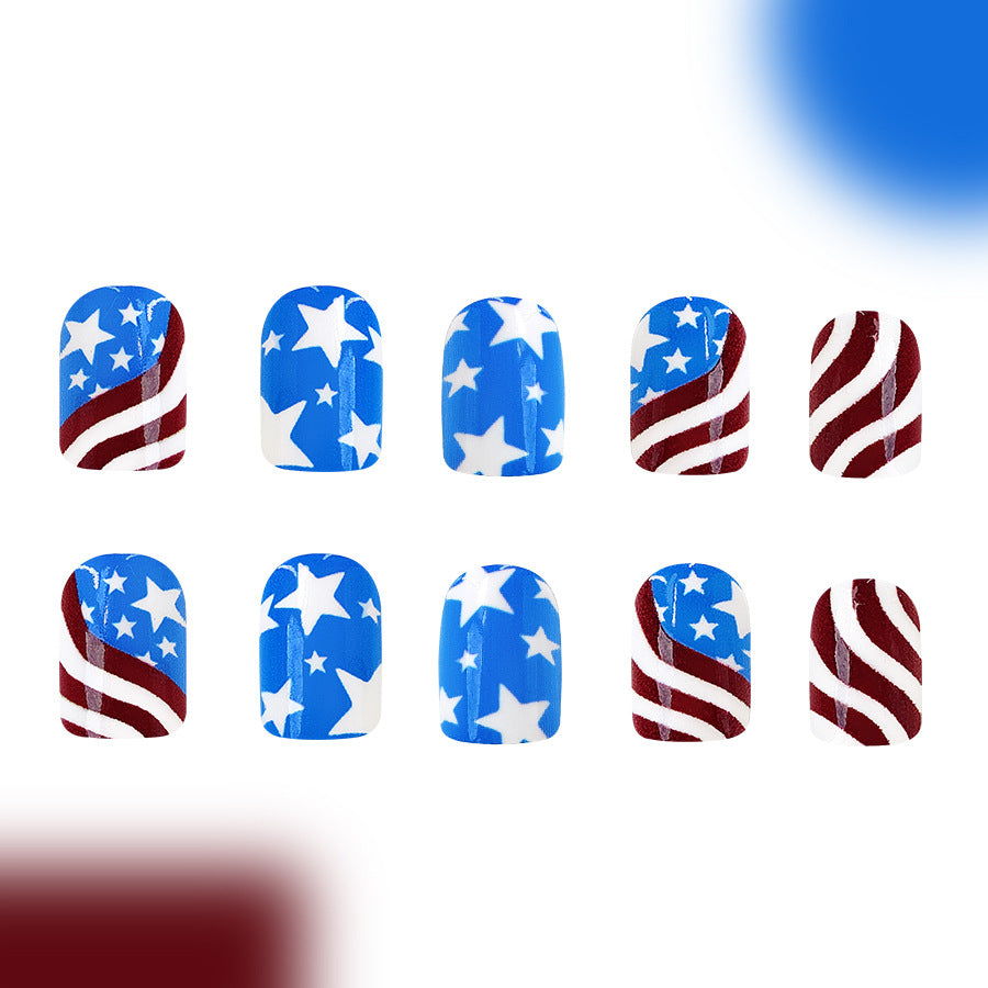Wholesale 24 Pieces/box American Independence Day Short Striped Five-pointed Star Manicure Press-on Nails Kits Nail Stickers ACC-NS-GuaiXL016