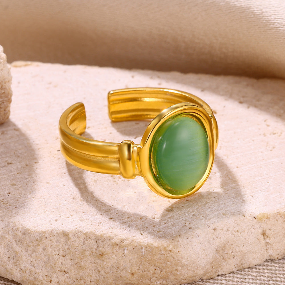 Wholesale Retro Oval Cat' s Eye Stone Ring,  Gold-Tone Stainless Steel,  Adjustable,  Everyday Gift