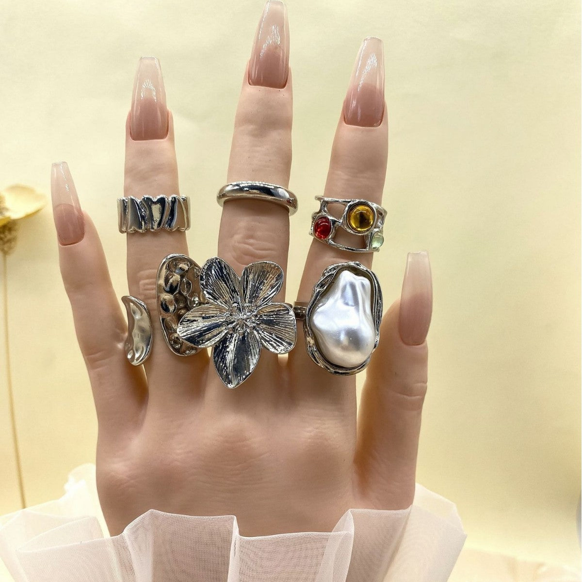 Wholesale Gold Baroque Lava Texture Flower Ring Set For Women Adjustable Wide Band Geometric Shape Everyday Chic Jewelry Accessory