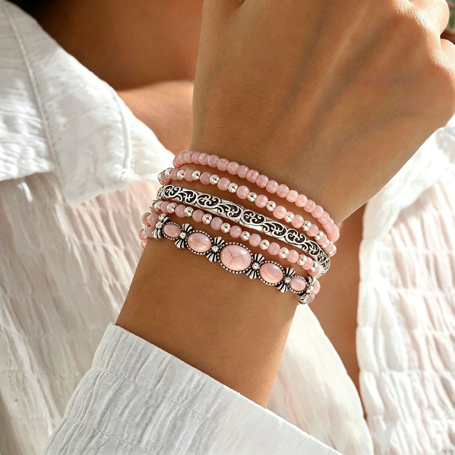 Wholesale Retro Cowboy Turquoise Bracelet Set Women S Handmade Engraved Metal Jewelry 5 Piece Gift Everyday Wear