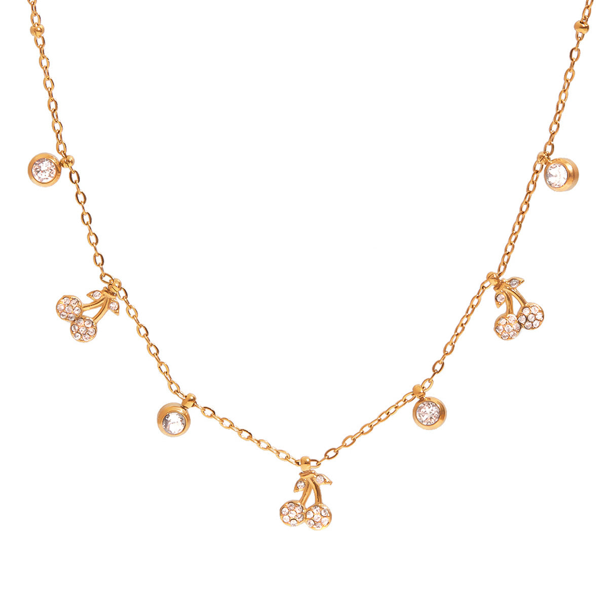 Wholesale 18K Gold Stainless Steel with White Diamond Cherry Pendant Necklace