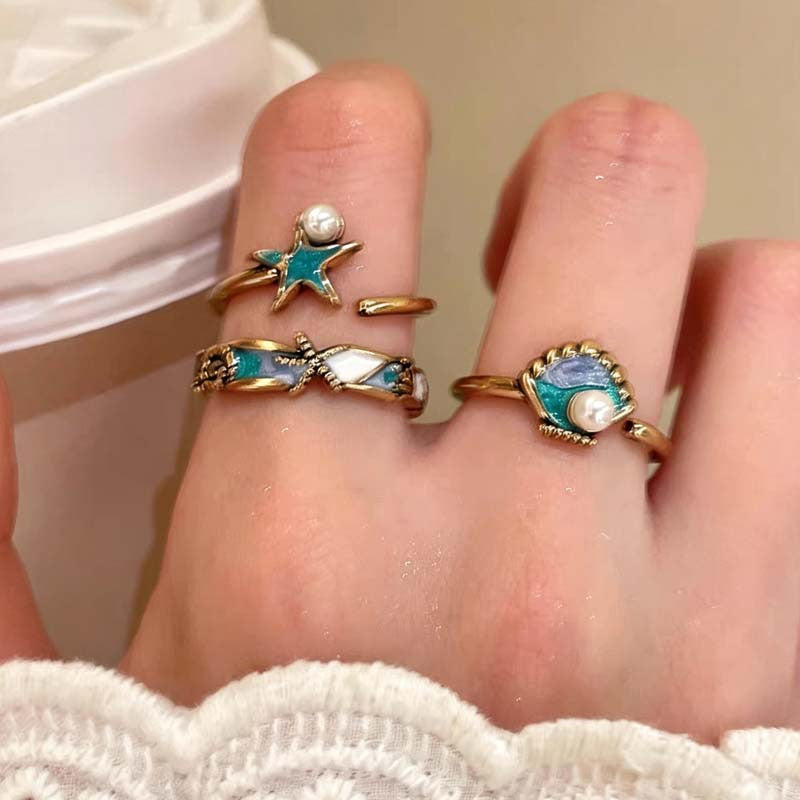 Wholesale Ocean Party Retro Starfish Shell Pearl Enamel Women S Adjustable Stacking Ring Jewelry Accessory