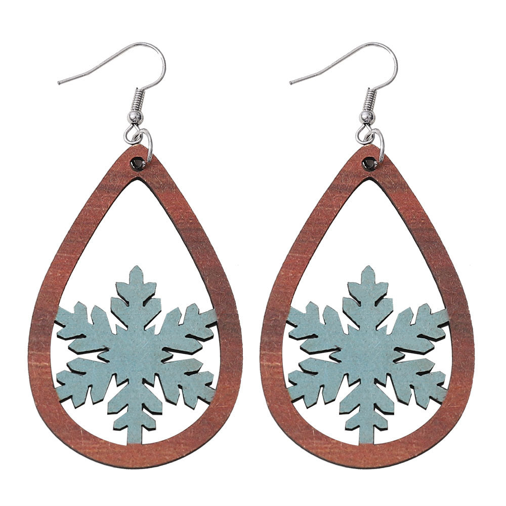 Wholesale winter snowflake water drop pendant earrings wooden hollow double-sided
