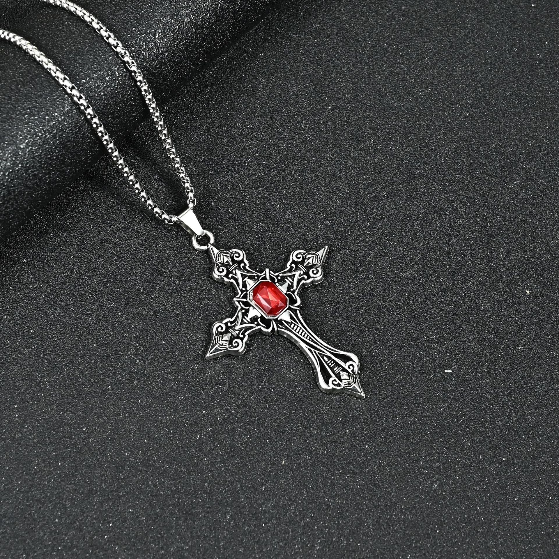 Wholesale Gothic Dark Red Gemstone Cross Black Velvet Choker Necklace Fashion Accessory