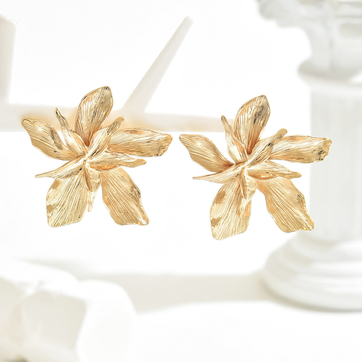 Wholesale  Floral Metal Earrings  Double Layer 3D Design Five Petal Flowers Earrings