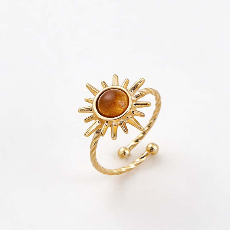 Wholesale Fashion Women S Adjustable Tiger Eye Stone Sunflower Ring Zinc Alloy Electroplated Boutique Gift Jewelry