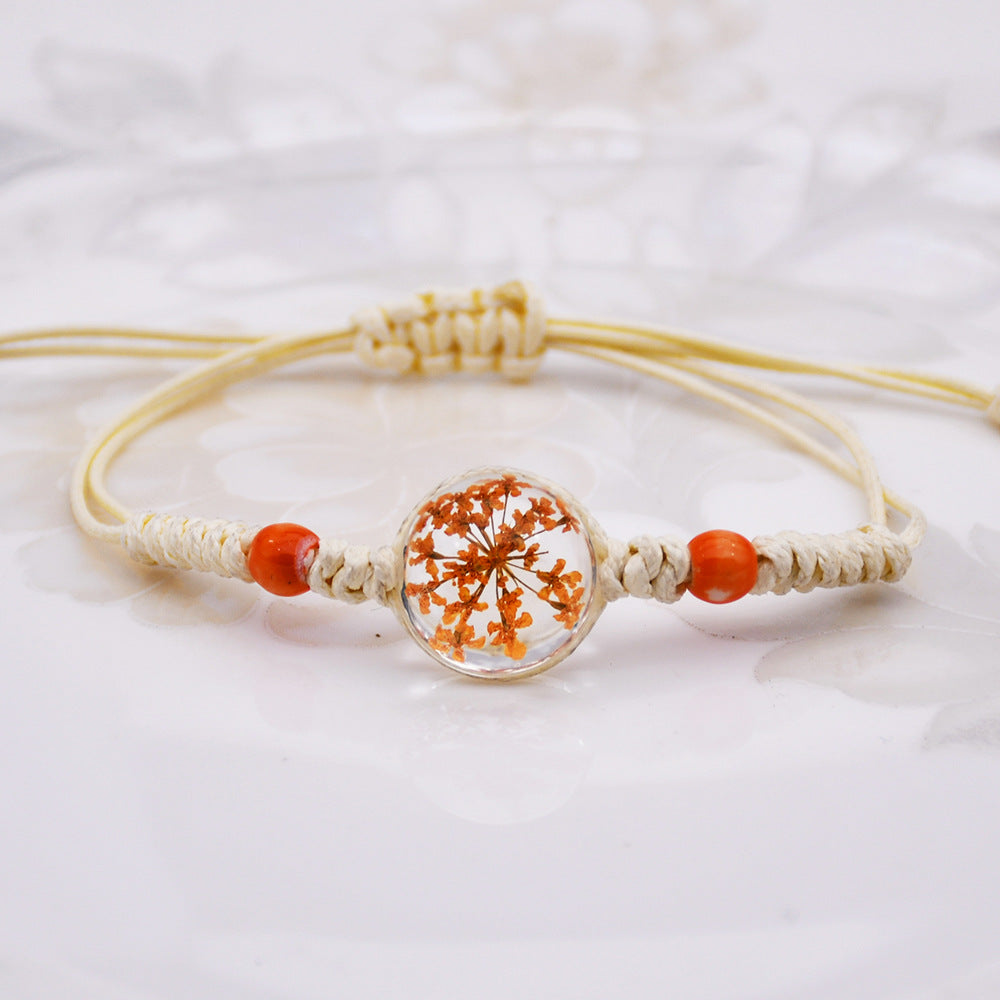 Wholesale Women' s Handmade Dried Flower Bracelet with Glass Ball Charm,  Red,  Boutique Resale Gift for Everyday Wear
