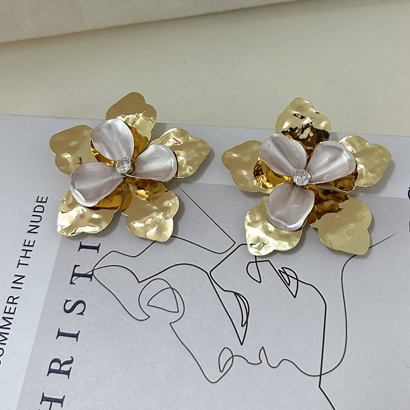 Wholesale  Retro  Metal Bright Pleated Double-layer Three-dimensional Petal Flower Earrings