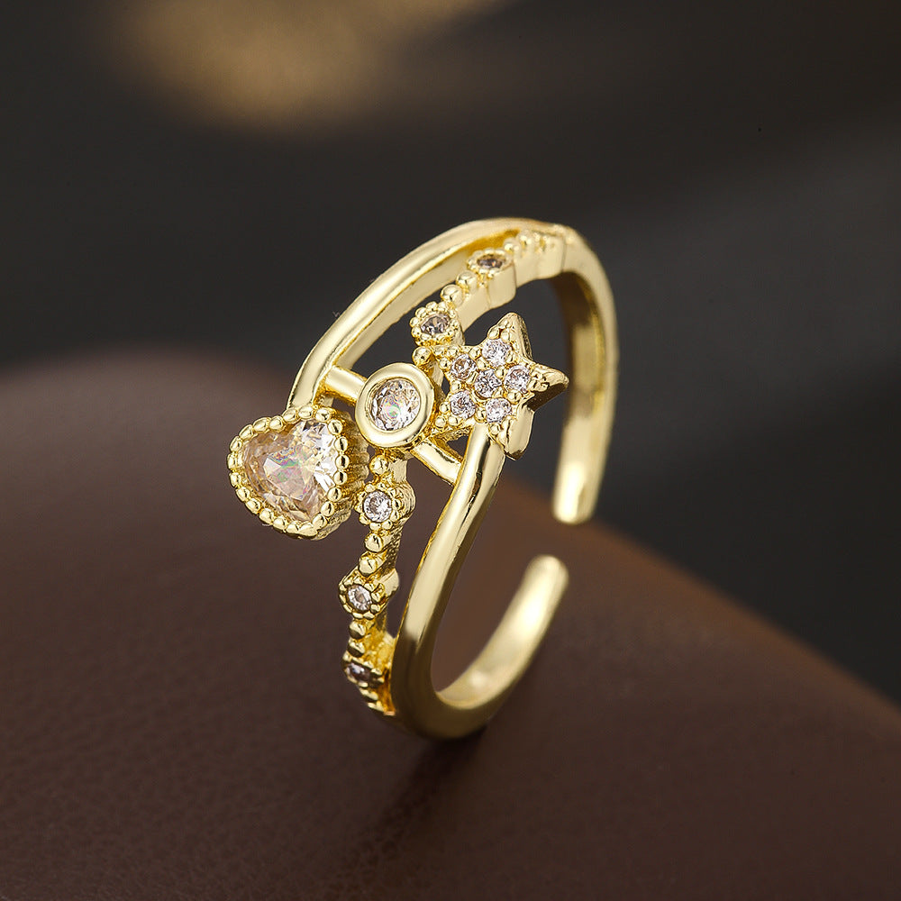 Wholesale Heart And Star Design Micro Set Zircon Women S Open Ring Boutique Resale Jewelry Accessory