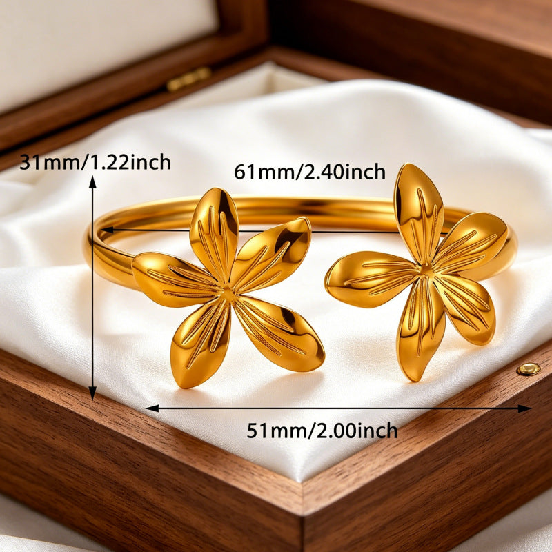 Wholesale Stainless Steel Electroplated Flower Open Cuff Bracelet - Trendy Boutique Resale Jewelry