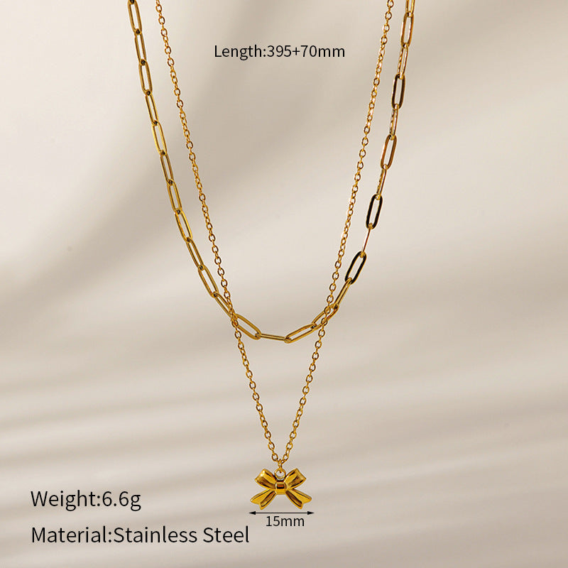 Wholesale Titanium Steel 18k Golden Bow Chain Double Butterfly Pendant Necklace