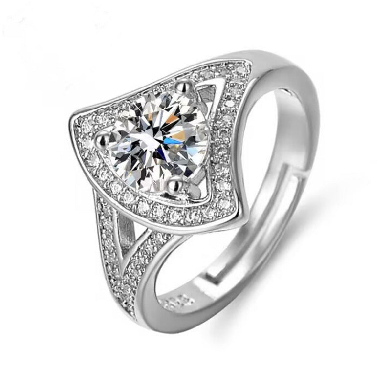 Wholesale Fan-Shaped Imitation Diamond Ring,  Silver Plated Copper,  Trendy Wedding Jewelry Accessory for Women