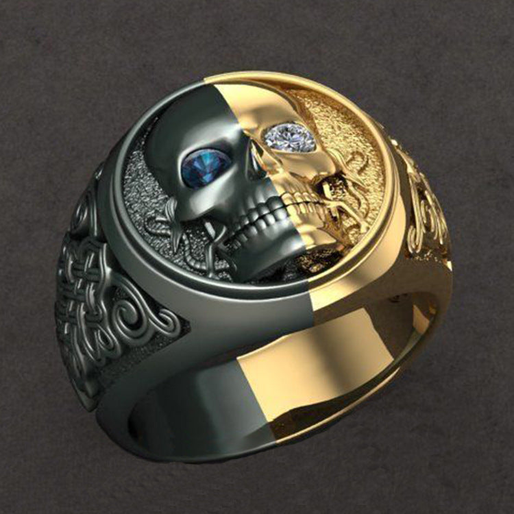 Wholesale Blue and white diamond two-color skull men' s ring