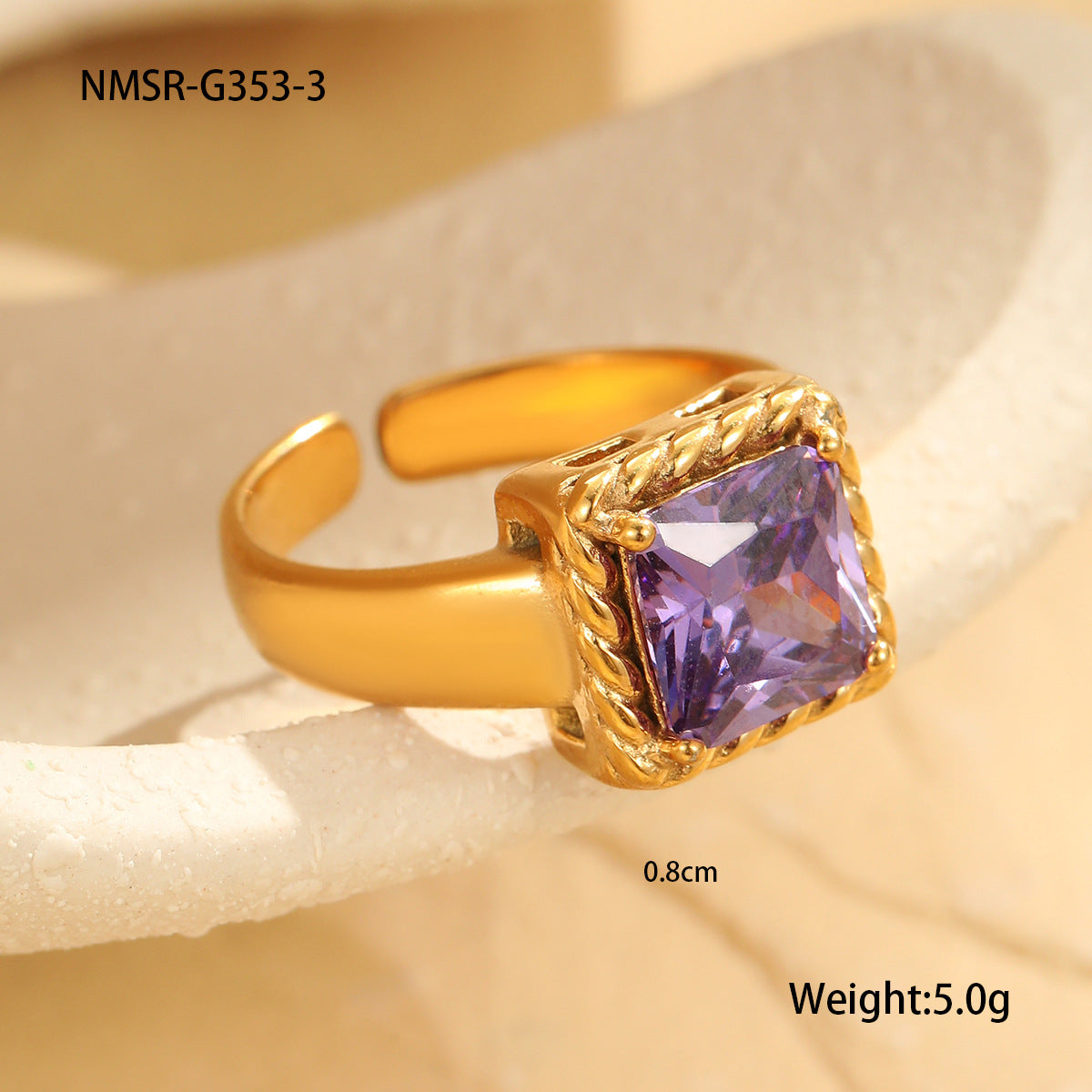 Wholesale Stainless steel  Light Luxury Colorful Square Zircon Open Ring