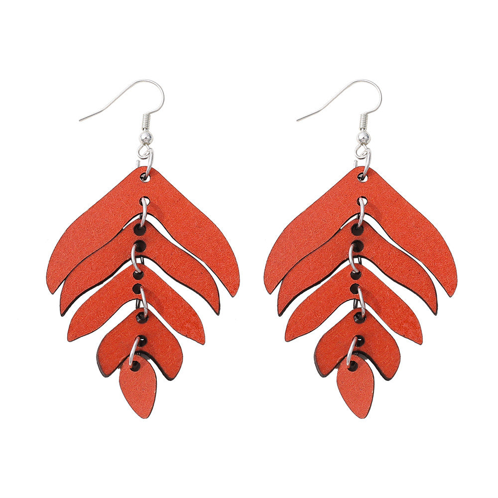 Wholesale Double-sided Wooden Earrings Bohemian Red Leaf Earrings