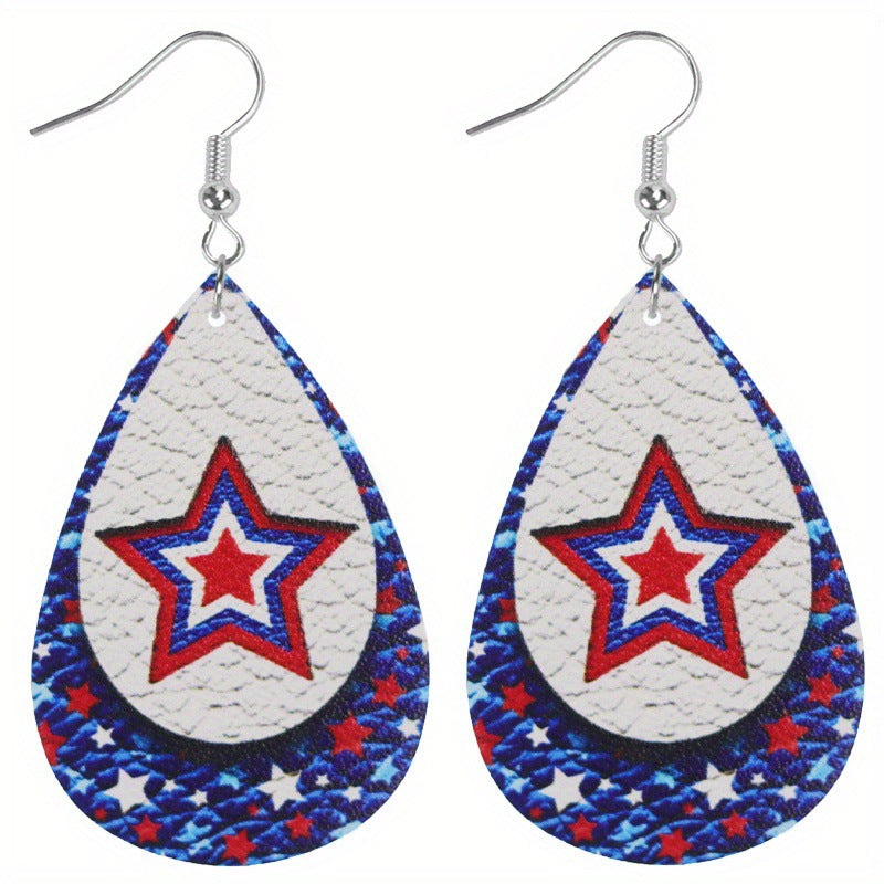 Wholesale Double-sided printing American Independence Day water drop leather earrings