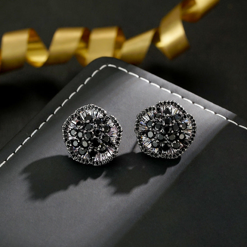 Wholesale Micro-paved Mystical Flower Black Zircon Earrings