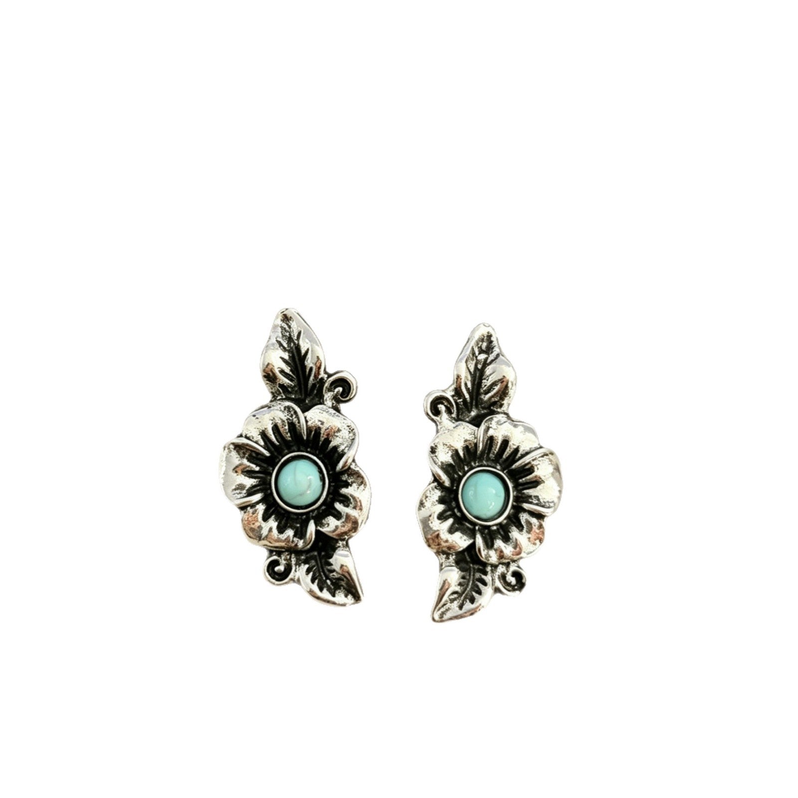 Wholesale Vintage Bohemian Turquoise Flower Earrings Antique Silver Alloy Stud Gift Jewelry