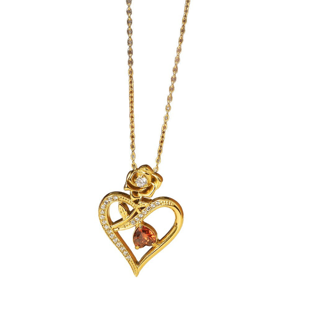 Wholesale Mother' s Day Titanium Steel Heart-Shaped Pendant Necklace with Zircon Inlay