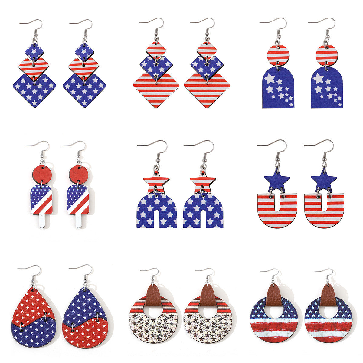 Wholesale of American Independence Day Red, White, Blue Striped Star Ice Cream Patchwork Wooden Double-sided Earrings ACC-ES-ChuLian009