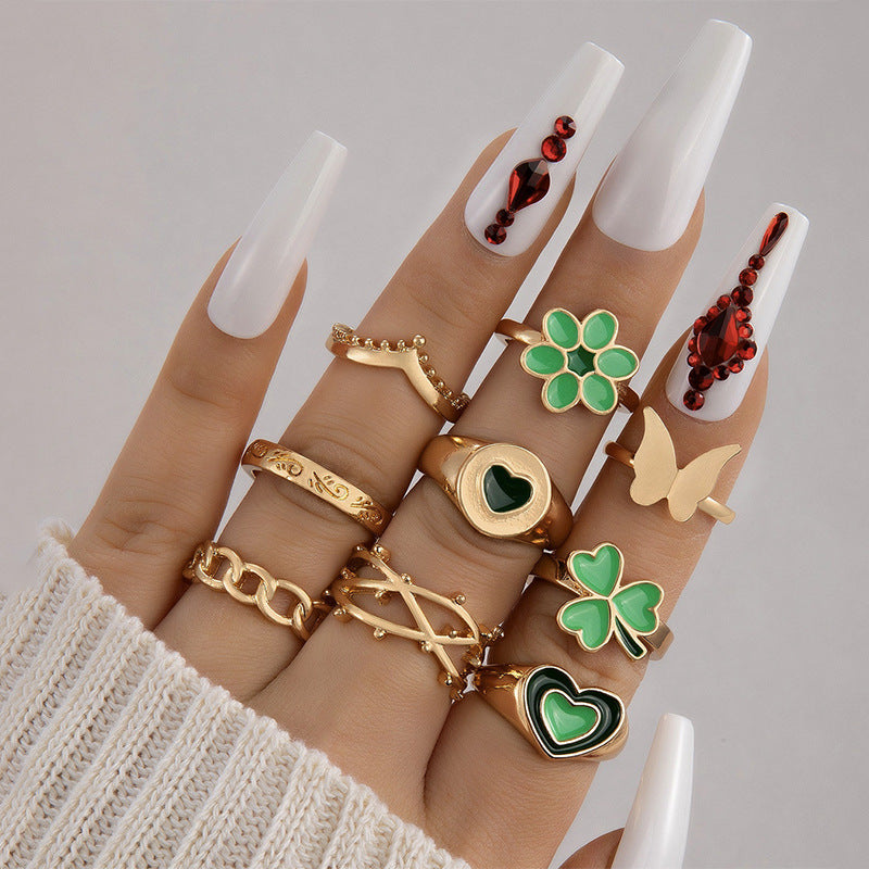 Wholesale 9pcs Easter Green Oil Drop Four-leaf Clover Heart-shaped Contrast Ring Set ACC-RS-YongGe017