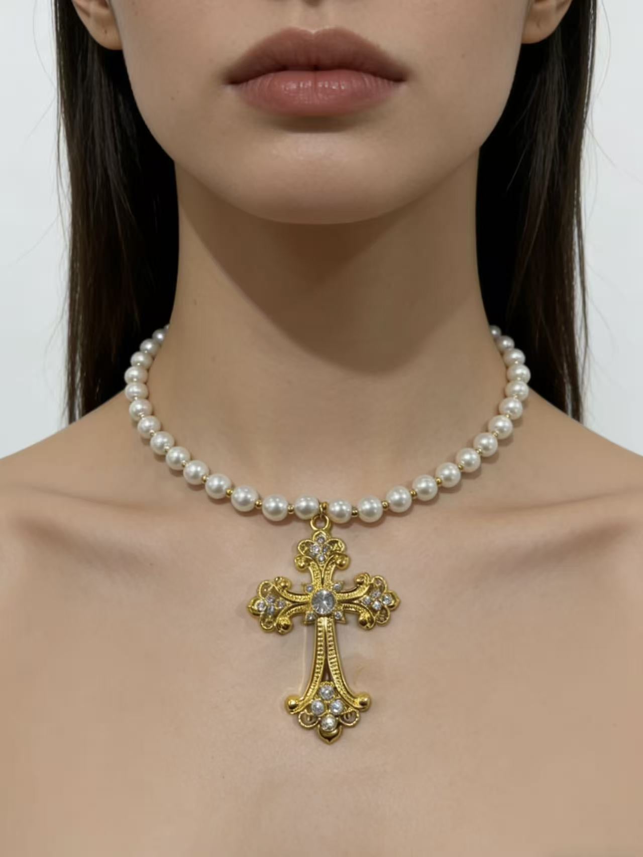 Wholesale Cross Pendant Pearl Necklace Dark Style Fashion Jewelry Accessory