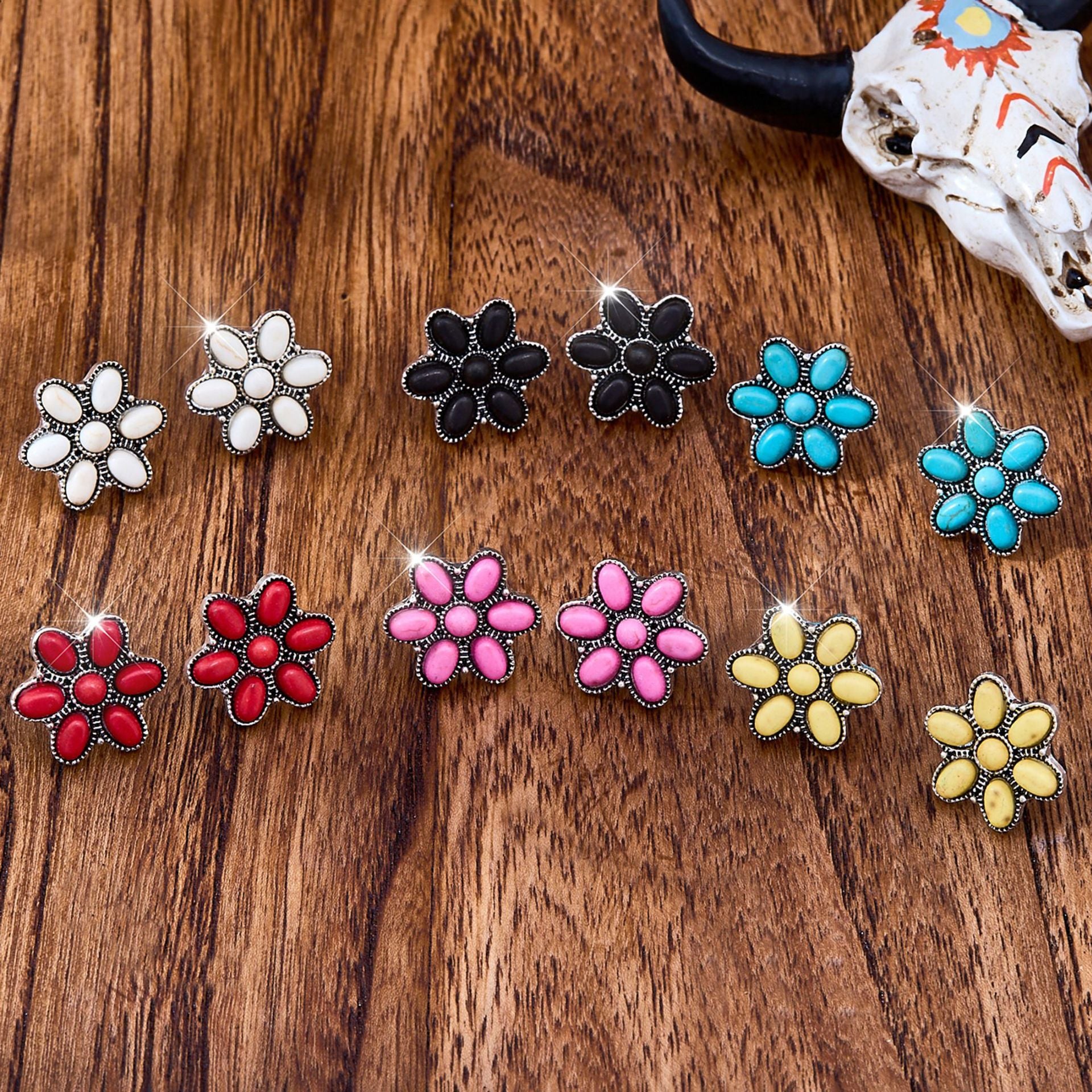 Wholesale Trendy Turquoise Flower Earrings Zinc Alloy Electroplated Ethnic Style Boutique Resale