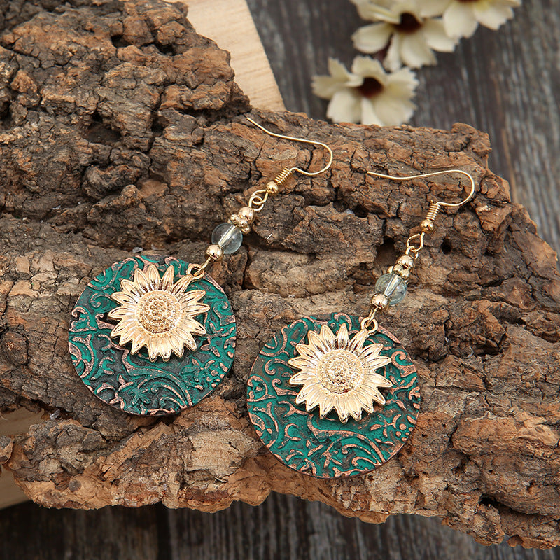 Wholesale Retro Bohemian Double-Layer Sunflower Earrings,  Alloy Electroplated Jewelry Accessory for Boutique Resale