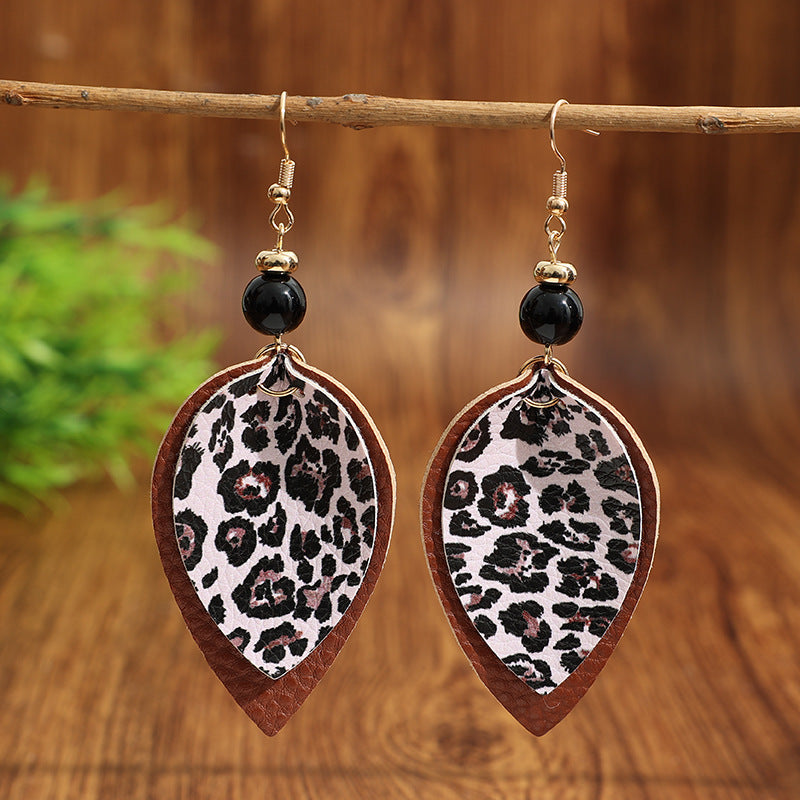 Wholesale leopard print leather earrings, double-layered leopard print teardrop-shaped leather earrings