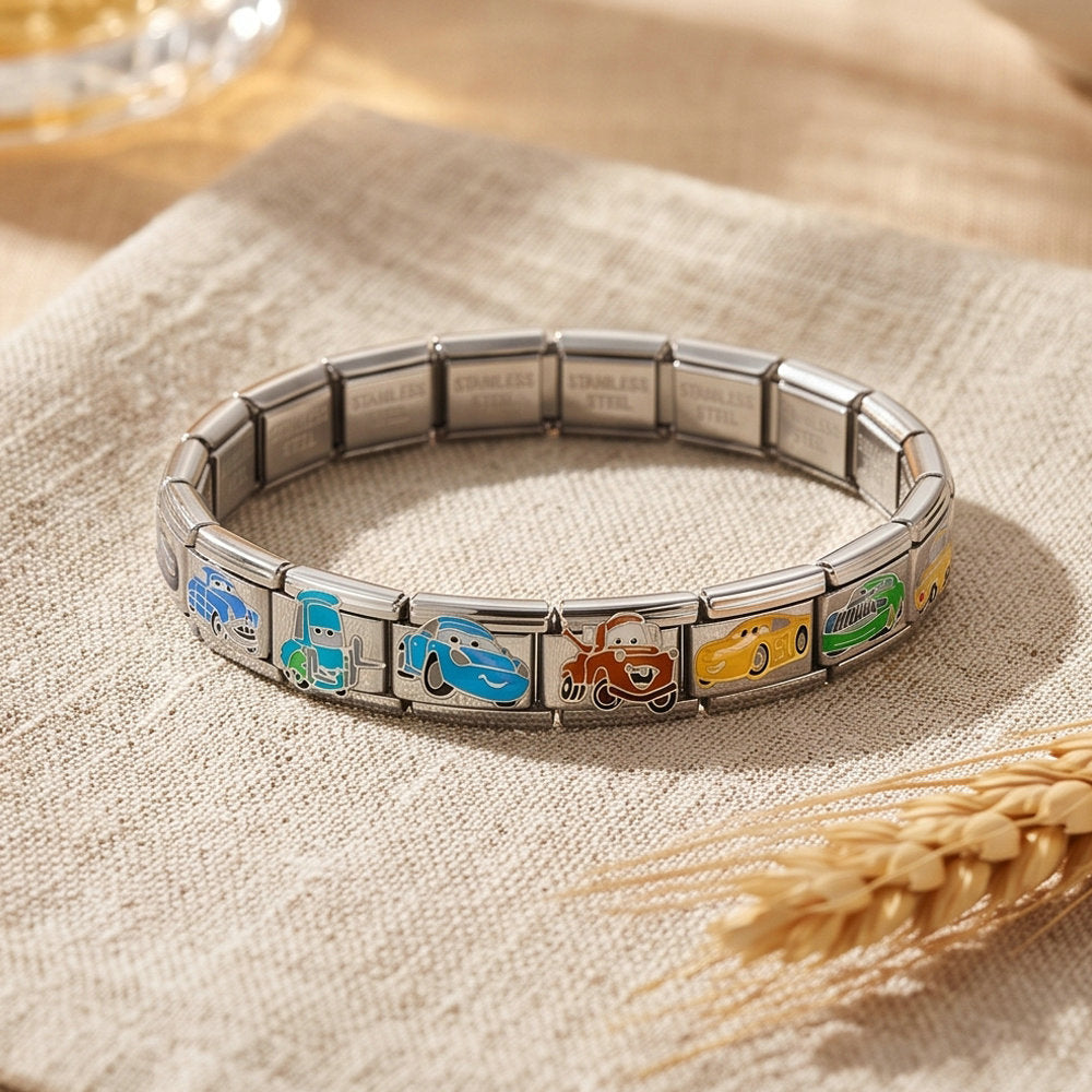 Wholesale Cartoon Car Design Stainless Steel Italian Modular Bracelet DIY Jewelry Accessory Gift Boutique