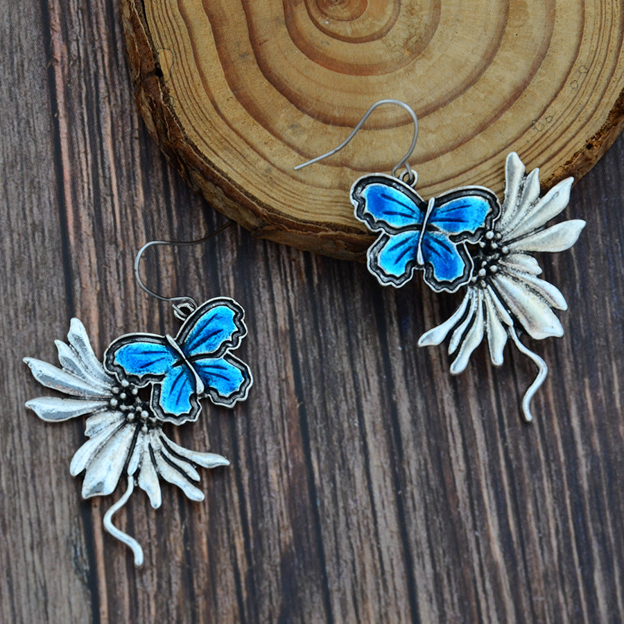 Wholesale  Fashion New Blue Ancient Silver Pendant Butterfly Earrings
