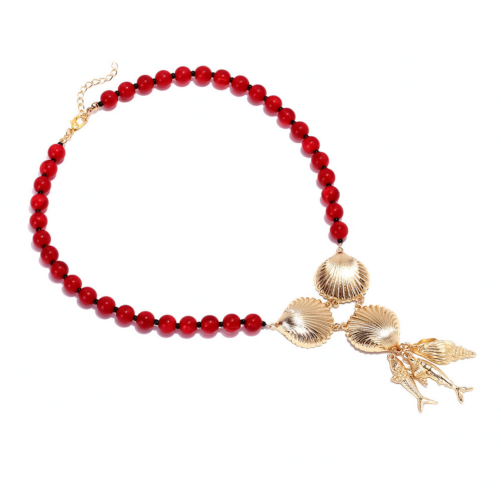 Wholesale Beaded Alloy Shell Tropical Fish Ear Pendant Chain  Marine Animal Necklace
