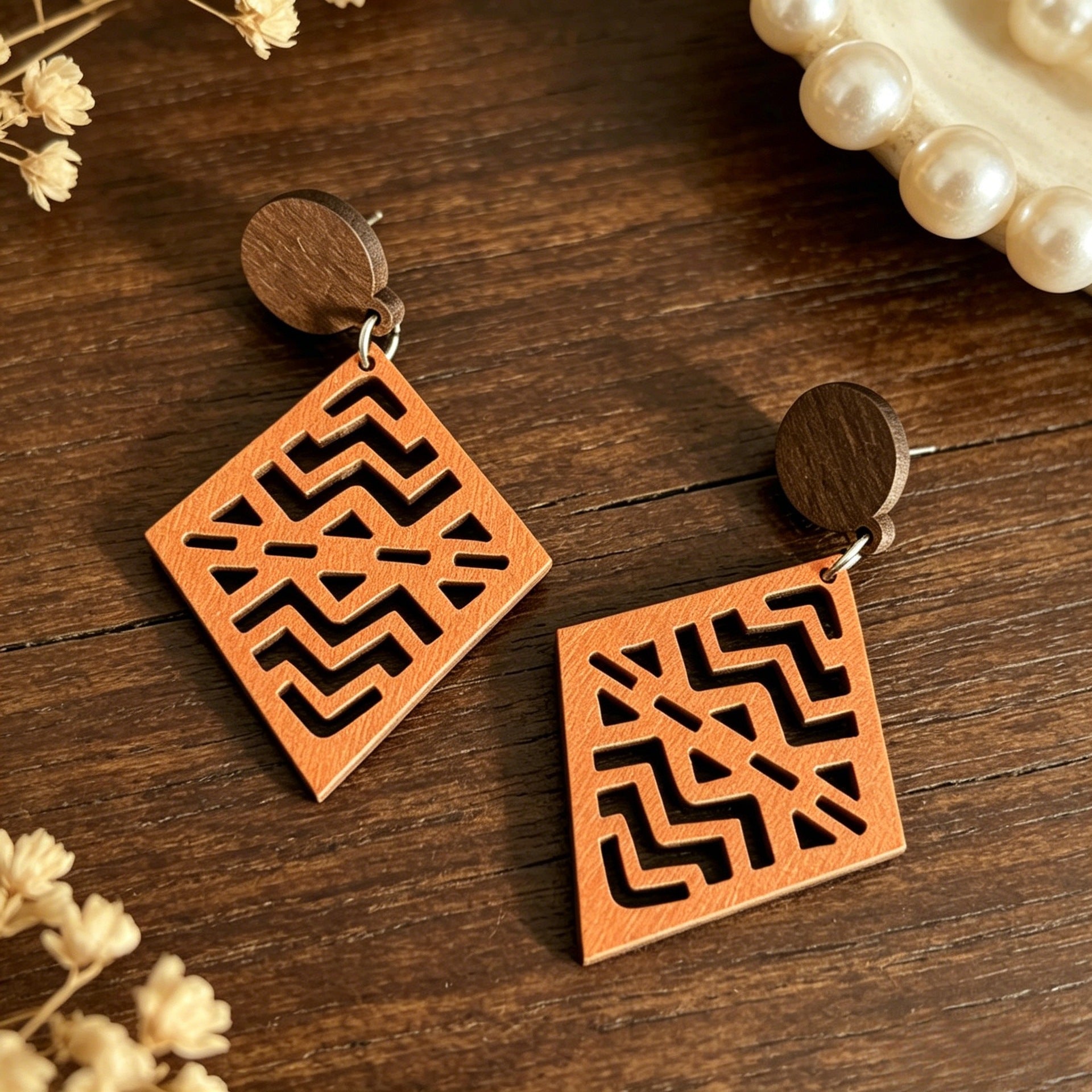 Wholesale Wood Earrings Bohemian Diamond Hollow Wave Pattern Retro Style Gift for Women