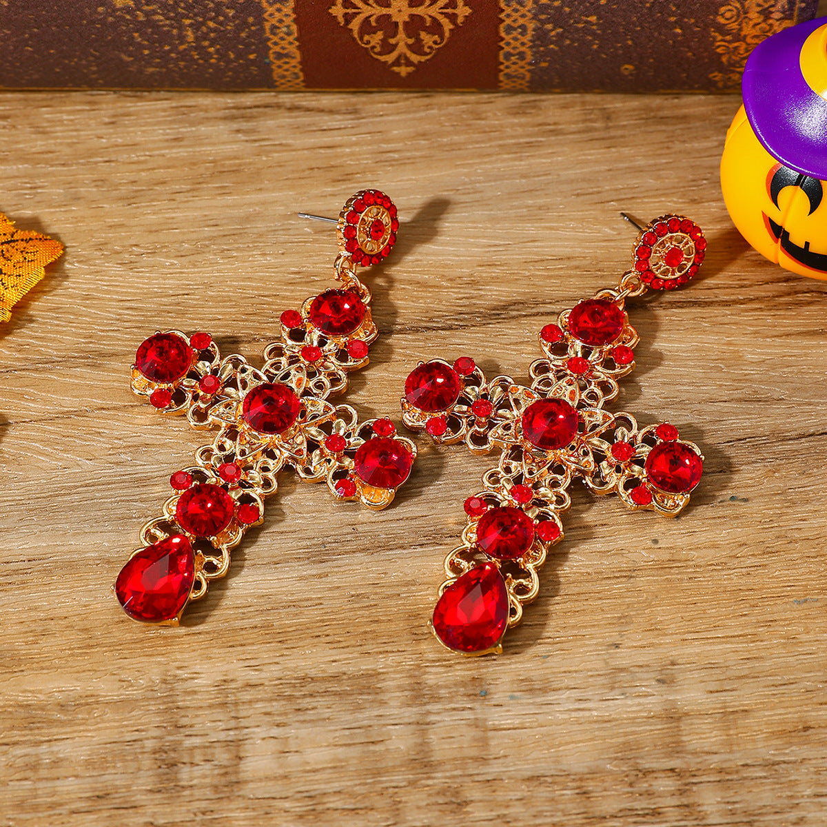 Wholesale Hollow design earrings personalized diamond gemstone cross colorful earrings