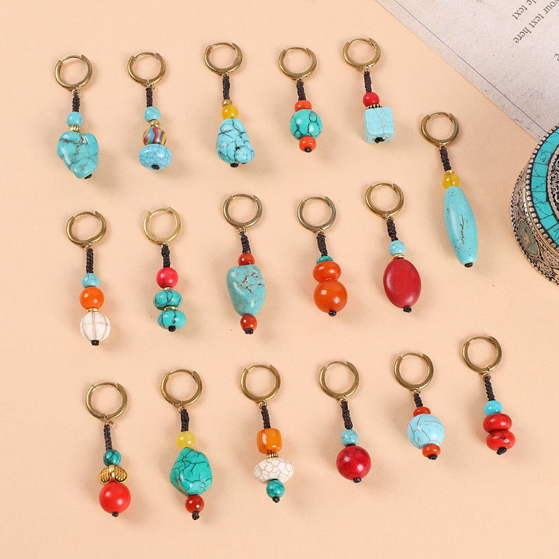 Wholesale Woven Turquoise Ethnic Style Earrings Handmade Vintage Jewelry Accessory Gift