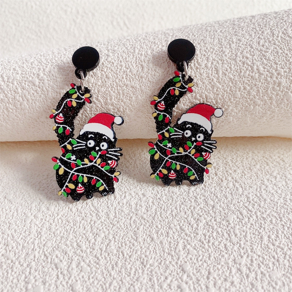 Wholesale Christmas New Acrylic Glitter Cartoon Black Cat Santa Claus Red Hat Earrings ACC-ES-Hongw001