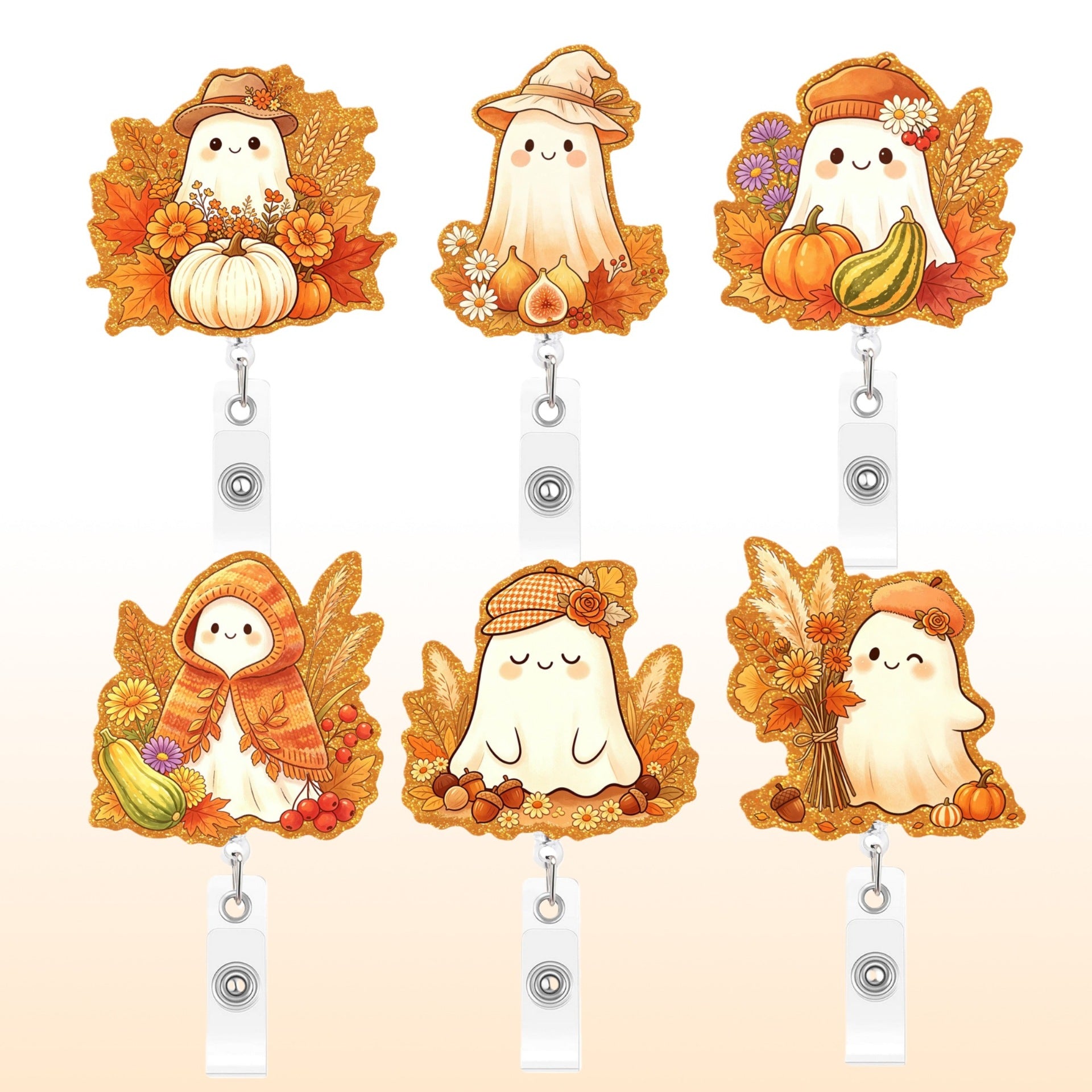 Wholesale Acrylic Gold Glitter BOO Thanksgiving Retractable Badge Reel Autumn Pumpkin Maple Leaf Design Fashion Accessory