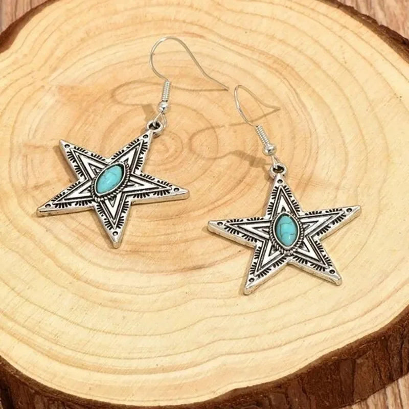 Wholesale  retro creative five-pointed star turquoise earrings