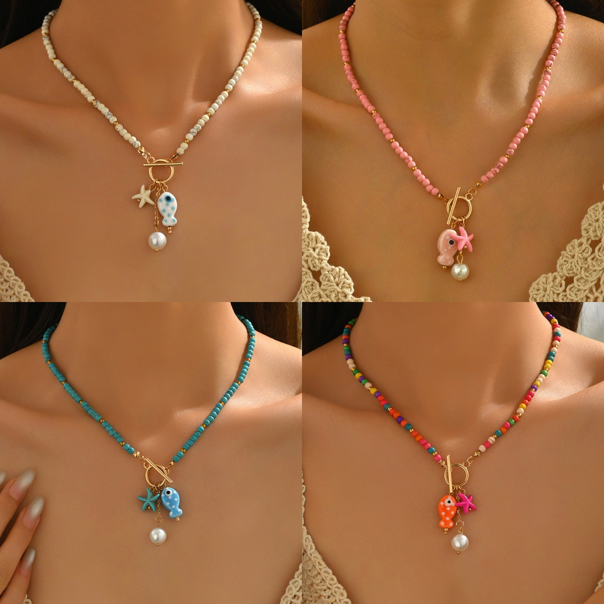 Wholesale Bohemian Blue Fish And Starfish Faux Pearl Beaded Necklace Trendy Party Jewelry Accessory Gift