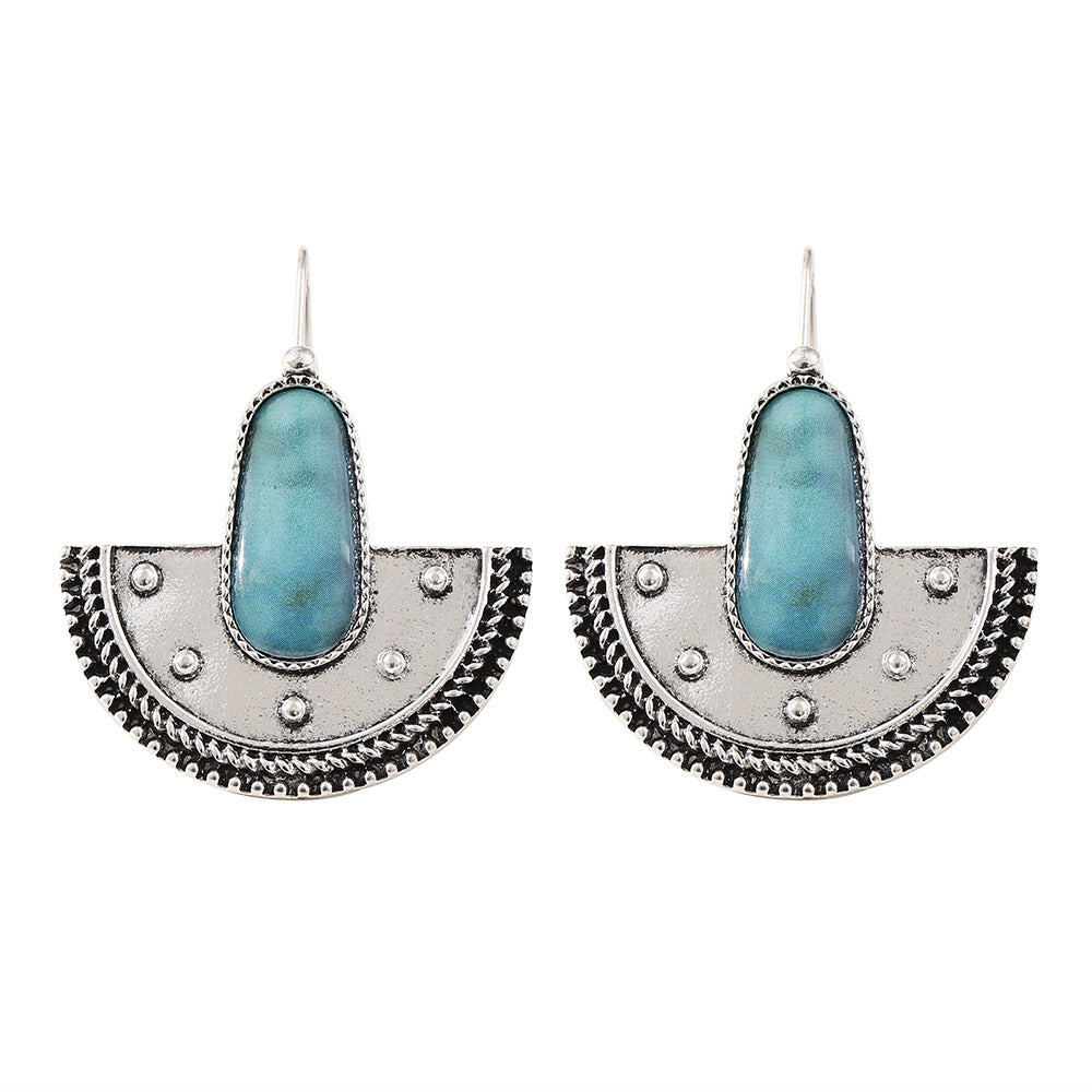 Wholesale Electroplated Zinc Alloy Semi-Circular Turquoise Earrings Ethnic Retro Fashion Accessory