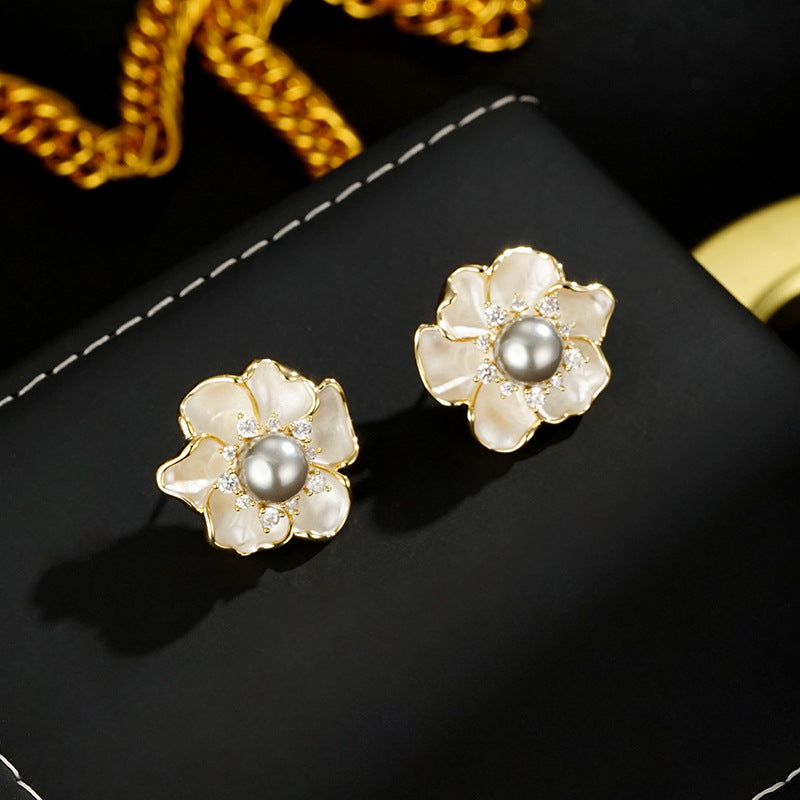 Wholesale  gray pearl camellia earrings drop oil flower earrings