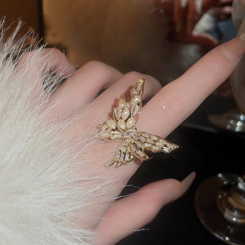 Wholesale Autumn and Winter Light Luxury Zircon Butterfly Pearl Open Ring Elegant Index Finger Ring Fashionable Versatile Ring Accessories