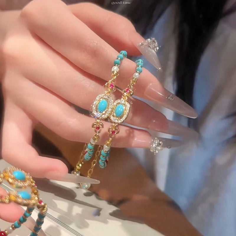 Wholesale Chinese Antique Turquoise Beaded Metal Flower Bracelet Jewelry Accessory for Women