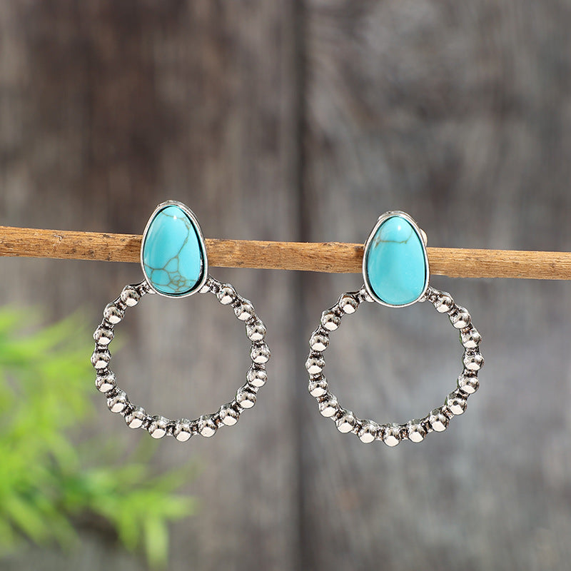 Wholesale Vintage Blue Turquoise Earrings Silver-Tone Alloy Bohemian Fashion Jewelry Accessory for Women